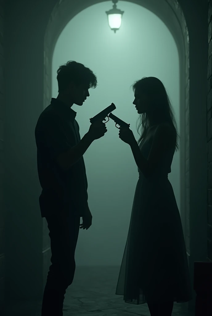 Shadow couple girl and boy shooting each other with hand sign of guns dark aesthetic 
