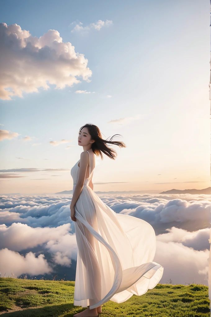 (masterpiece, best quality:1.2), 1 girl, alone, Delicate face, fair skinned woman, perspective silhouette, White dress, whole body, outdoor, High in the air, Drift in the wind, cloud,(whole body照1.7)