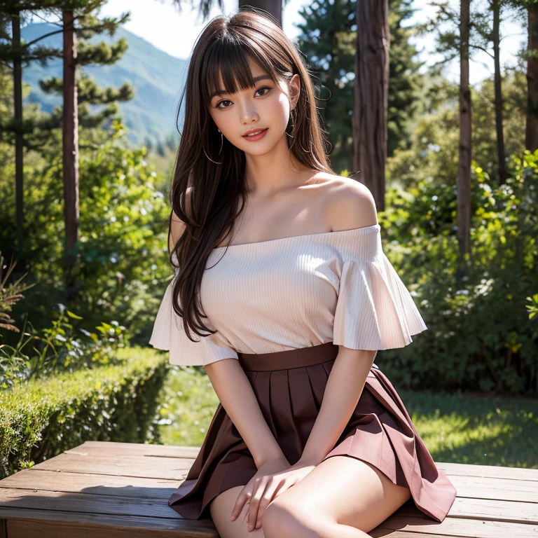 long skirt,skirt,Wearing a pink pleated skirt, Wear black stockings,(knee shot), 1 woman, On the face, laughing out loud, light brown hair, blunt bangs, hair behind ears, Hair over the shoulders, long hair, Slender body type, Super thin face, face slimming, delicate lips, beautiful eyes, Thin blush, Eyes are light brown,Check it out here, (realistic:1.3), Coniferous forest, One person's perspective, 8k, On the table, , Super detailed, high quality, best quality, High resolution, ,Large Breasts,H CUP, off -shoulder top