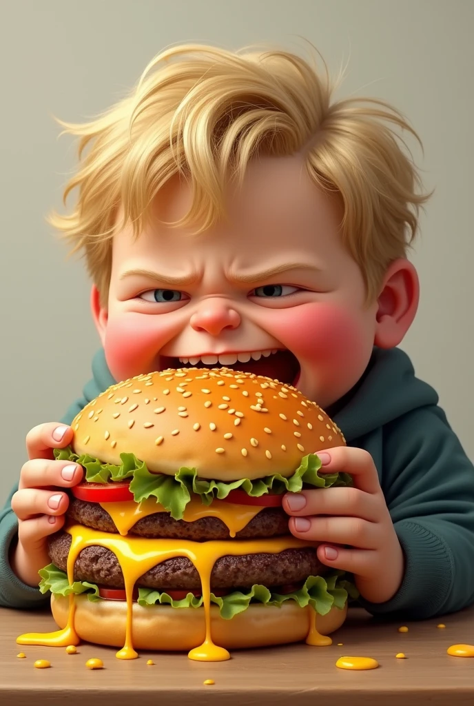 fat blond man ager eating a hamburger with lots of cheese and more