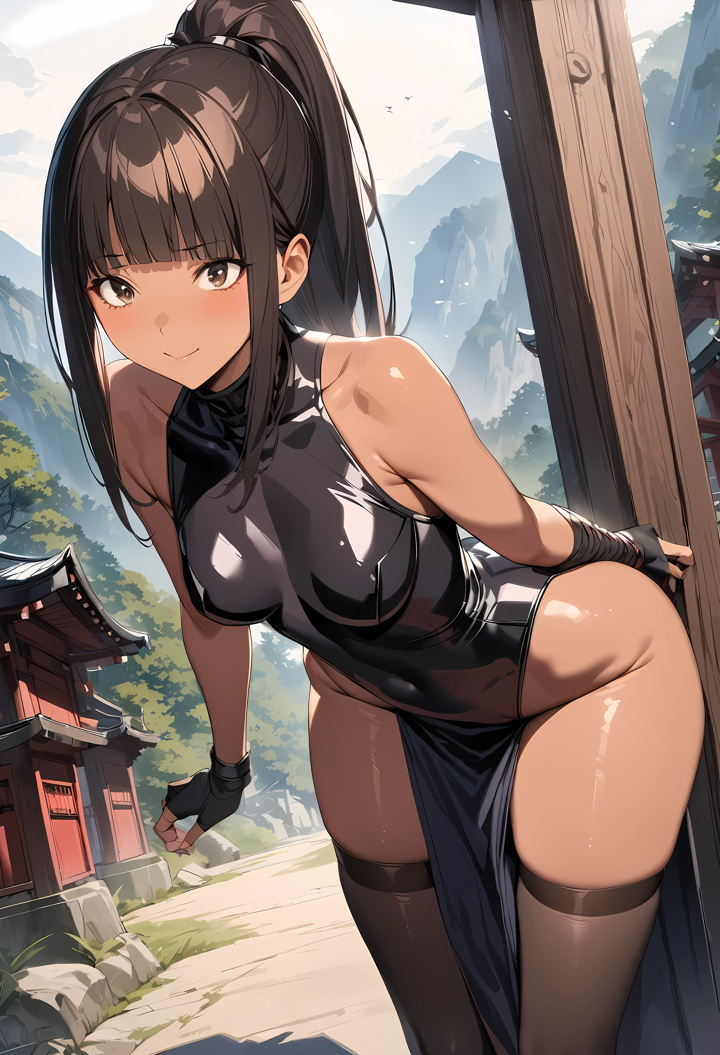 Action Scenes、(A battle between a woman and a female demon),((masterpiece,best quality anime,Highest quality:1.3)),realistic,cowboy shot,(25 year old beauty),Female ninja,1woman,solo,((very small head:1.4)),((very long body:1.3)),black hair,bangs,(long ponytail hair),gorgeous big eyes,black eyes,smile,((tan skin:1.5)),(black high neck sleeveless,leotard、black_loincloth,black_thighhighs,black fingerless gloves),((slender body:1.3,skinny)),,medium breasts,gleaming skin,shiny skin,Old shrine in the mountains、Moonlit Night、