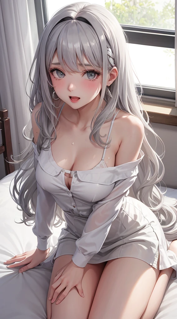 1Girl, 25 years old, Solo, Anime, Ideal body, (Cleavage, Small breast, Hard Nipple). Beautiful, Gorgeous, Fresh, Blunt Bangs, (White Grey Hair:1.5),(Straight and Wavy Long Hair:1.3), colorful cloth, random cloth, casual shirt, casual dress, casual skirt, camisol, cotton texture, laced, casual pants, Off-Shoulder, Oversize, Comfort, Loose shirt, Fabric Texture. (Sit on bed:1.3). Earrings, Thin Black Headband, Green Accessories, Environmental Details, Bed Room, Natural Light, Modern Bed, Chair, Window, White Curtain, City View. pov, anime style, UHD, retina, masterpiece, accurate, anatomically correct, textured skin. High Resolution, Looking at viewer, Blush, Best Quality, Award Winning, Accurate, Embarrassed, seductive smile, sweating, Naughty Face, Chin up, lips open, Gradient Eye Color, Sexy Pose. Top view shot, body bent to viewer ,front of camera, looking up to viewer, tongue out, open mouth. From Above, Close-Up, (sticky goo on breast), (white goo on body), (sweating). Milk, white milk on breast.