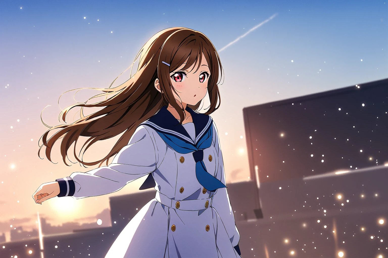 love live!, 1girl, solo, brown hair, sidelocks, swept bangs, hairclip, red eyes, parted mouth, dark blue sailor collar, blue tie, white uniform, long sleeves, looking at viewer, standing, blue sky, sky background, particles, aesthetic, sharp focus, illustration, long hair