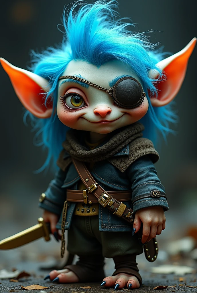 a goblin with blue hair wearing a golden knife and an eye patch