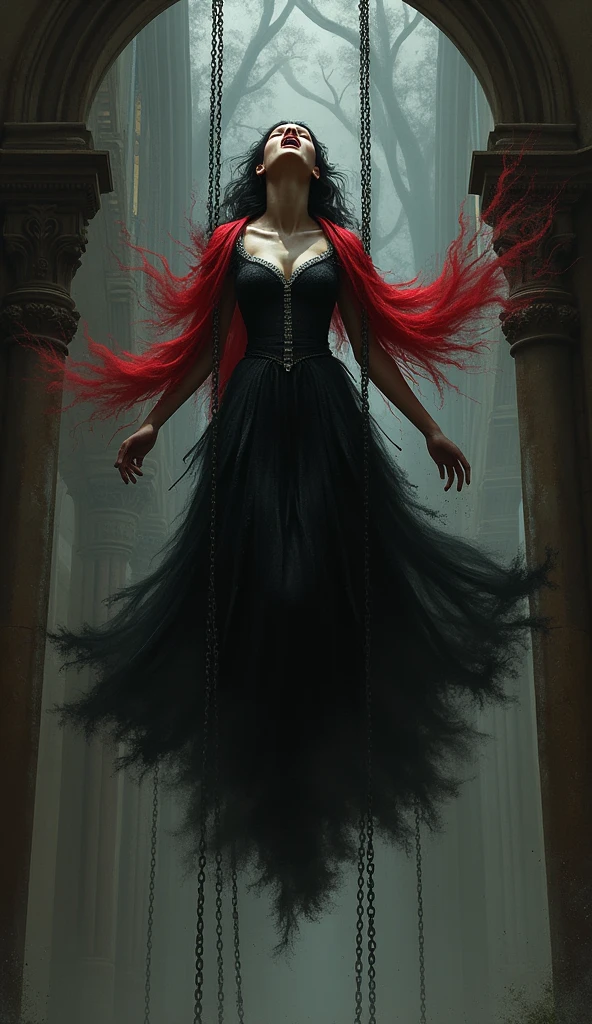 Draw a picture of a screaming woman in a black and white baroque dress and a fluttering red shawl lying on her back and floating in the air with her whole body, Hands, and his feet were tied with chains like a cocoon on every wall inside the Gothic cathedral.