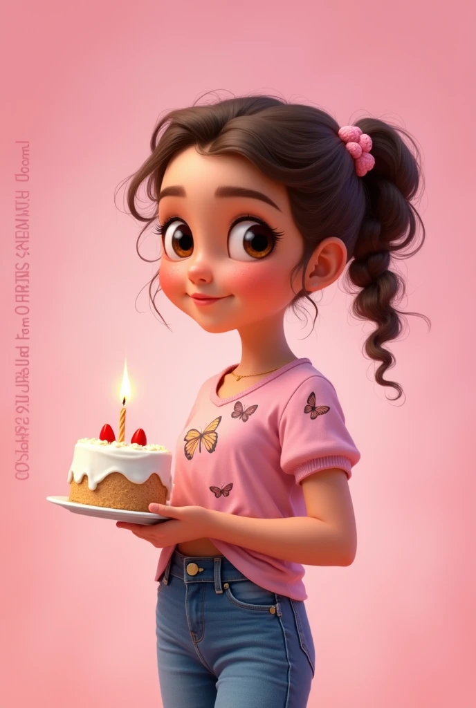 Disney-like image of a girl with big brown eyes, curly hair tied in a braid, holding a cake. She wears jeans and a pink blouse with a butterfly print.. On the left side of the image it says: Congratulations from Abigail Carbajal!. The background is pink