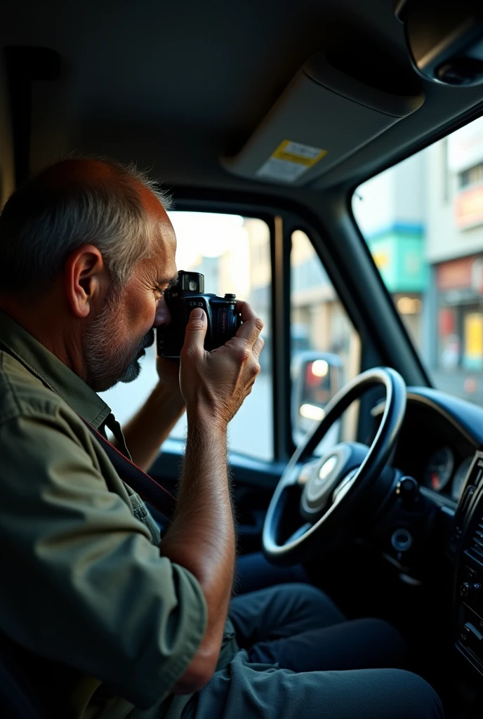 Create a picture of a man, who takes photos with a SLR camera from the window of a delivery van. The windows should be darkened.
PHOTO should be written in bright letters under the picture.