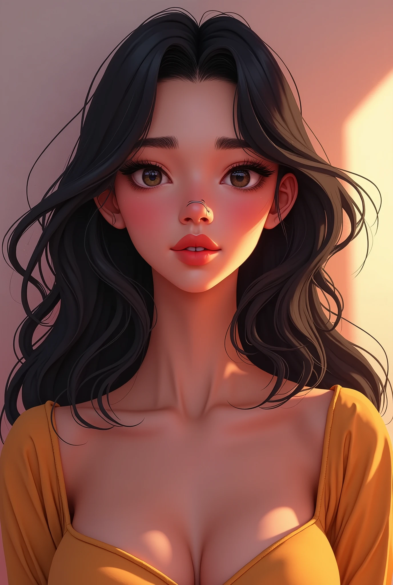 a modern female character, friendly, safe, empowered, long black hair wearing a nose piercing 