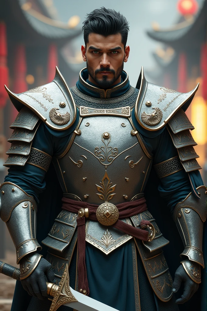 Paladin in Asian silver armor of 1.78 meters high, brown skin, green eyes, short wavy black hair, with short, shaved beard and mustache. A halberd