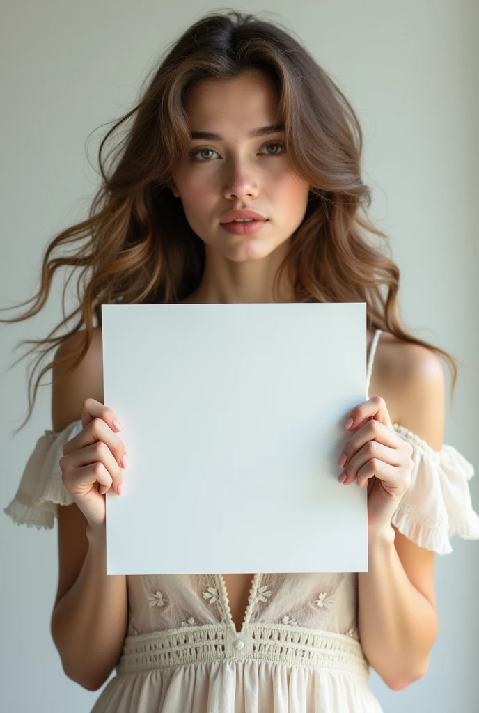Beautiful girl with wavy long hair, bohemian dress, holding a white board with text. MD. Rasel
and showing it to the viewer