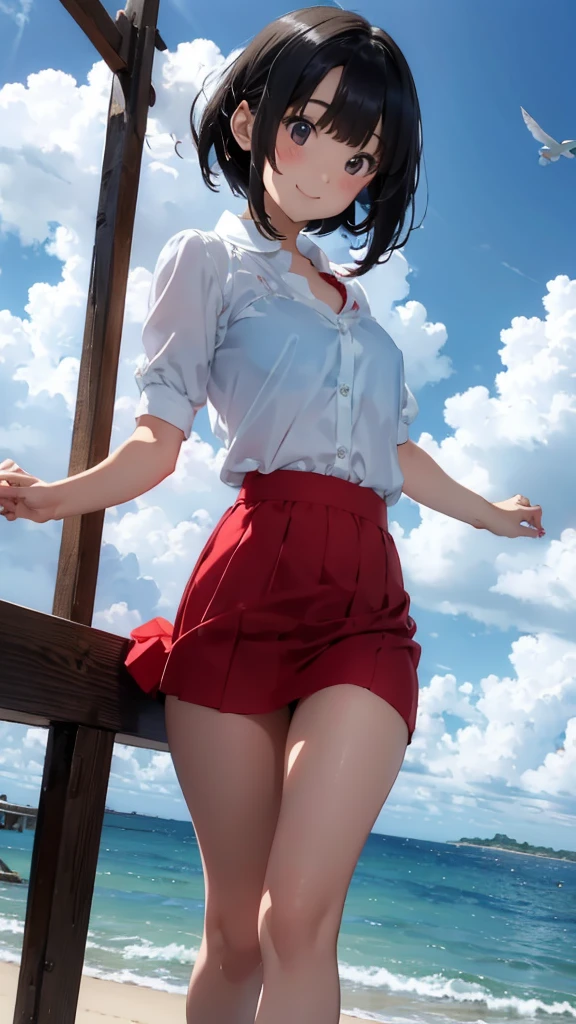 Black short bob、Cute Smile、White button-down blouse、The red bra is sheer、Light blue skirt、A skirt flying high in the wind、Cute white underwear、barefoot、Sandy beach, sea and cumulonimbus clouds