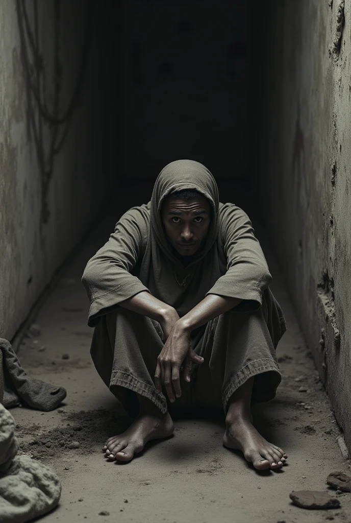 Create an image of a person resigned to a difficult and challenging situation, such as poverty or sadness. Show the individual seated in a modest, worn-out environment, like a small, dilapidated room or on a rough street corner. Their posture should be slumped, with a downcast expression that conveys a sense of defeat and acceptance. Include details such as tattered clothing, sparse belongings, and a somber, dimly lit setting to emphasize their hardship. Use muted, grayscale tones and soft, subdued lighting to enhance the mood of resignation and struggle, capturing the depth of their emotional and financial plight.