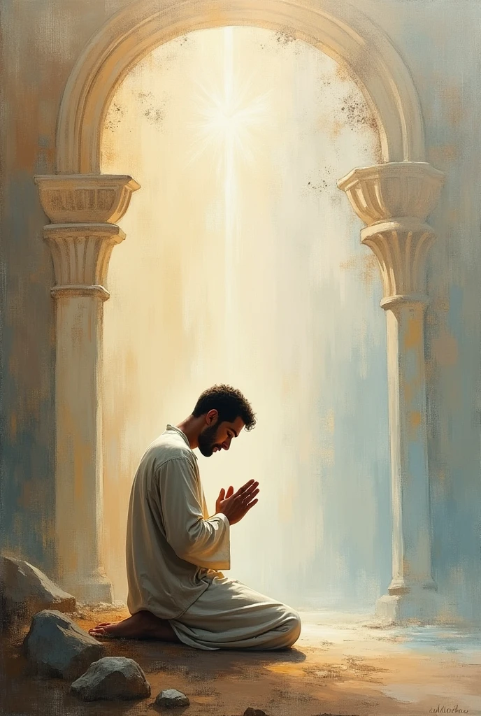 I want a painting that is a mix of impressionism and a painting of a man praying, just like Arebes prays.
