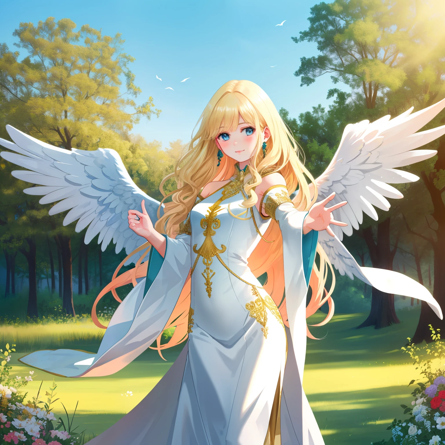 Alphonse Mucha style, woman, Light Green, purple eyes, 1 girl, alone, white,angel wings,Harp holder | , perfect,flower