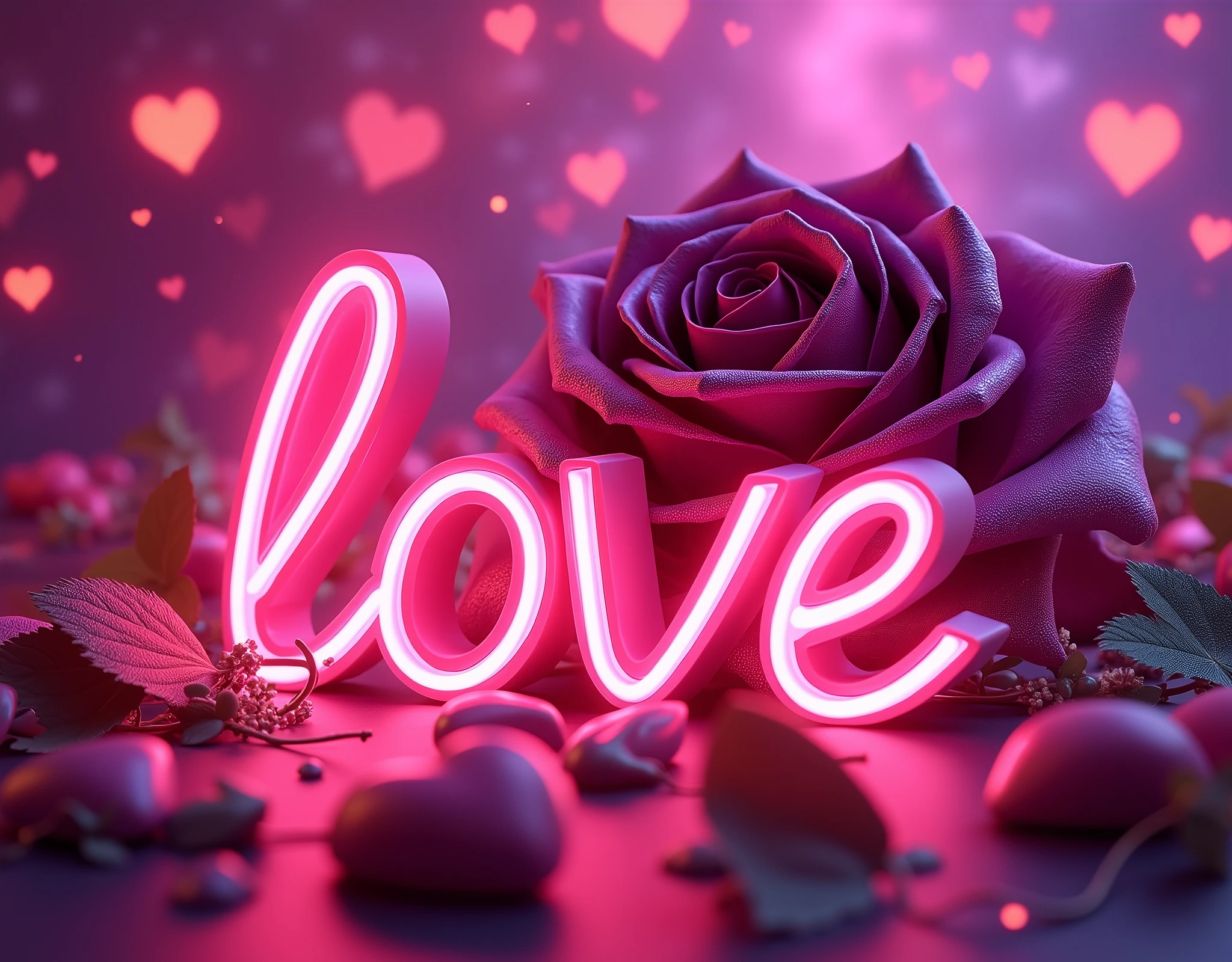 A mesmerizing artwork in a glowing neon art style! A vibrant pink background sets the stage for a stunning visual display. Three-dimensional text glows with an otherworldly light, spelling out "Love" in bold neon letters. Amidst this cosmic backdrop, a majestic rose blooms, its petals shimmering in a deep purple hue that seems to pulse with an inner radiance. The flower's dark, velvety centers appear almost black, adding depth and dimensionality to the design. Scattered throughout the composition are 3D neon hearts, their pinkish glow harmonizing with the overall palette. A dynamic angle captures the eye, drawing it into a world of enchantment and wonder.