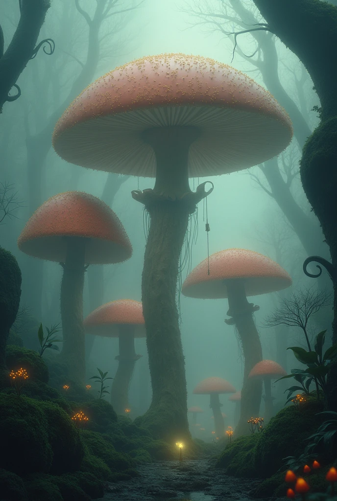 Big Mushrooms in a foggy Forest
