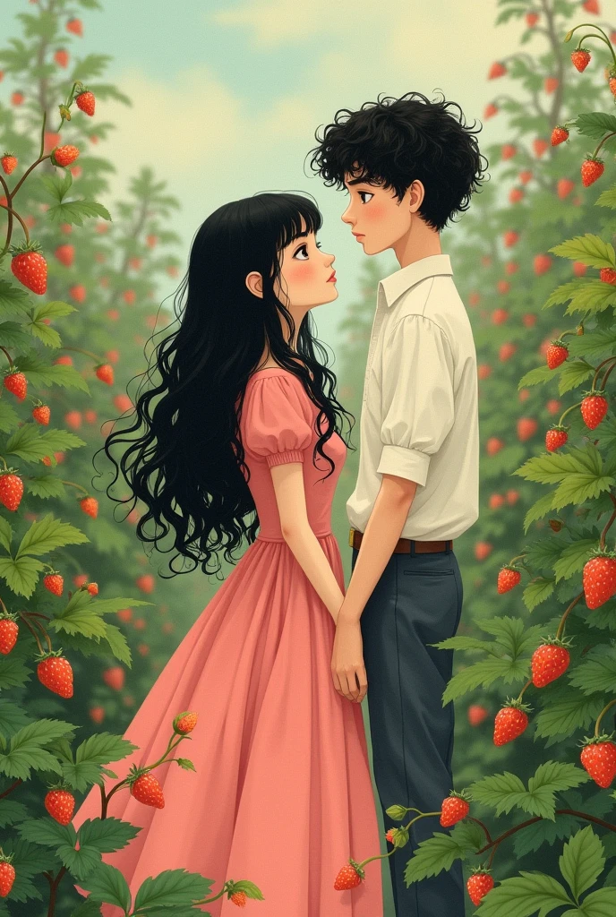 fair skinned with long black curly hair with bangs, wearing a pink dress, next to a tall boy with curly hair shaved on the sides, in a strawberry garden, in studio ghibli animation style
