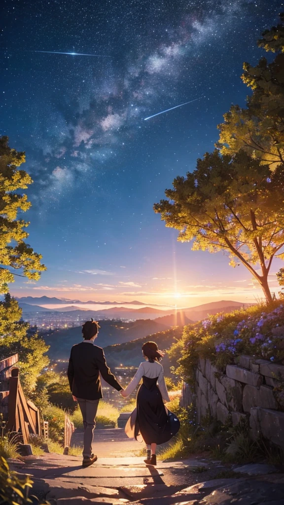 A wide-angle view captures the essence of a masterpiece, showcasing the impeccable quality and hyperrealism in the style of Makoto Shinkai. The scene depicts a breathtaking hillside where a couple's silhouettes stand, gazing at the glittering cityscape of Japan at night. The sky is adorned with a myriad of stars, and a shooting star streaks across, illuminating the area beside the characters' faces. This magical and romantic atmosphere is further enhanced as the couple's figures blend seamlessly with the distant lights, creating a mesmerizing composition.
Generate