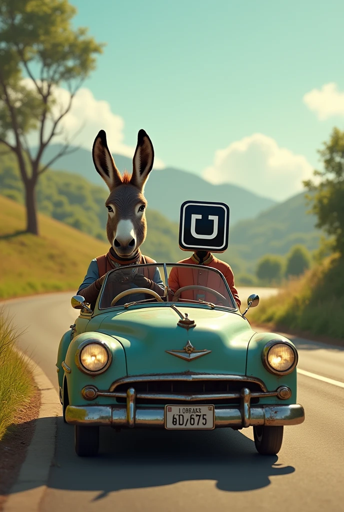 A car driven by a donkey carrying a passenger with the head of the Uber logo