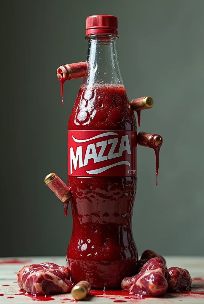 Mazza soft drink bottle with bullets and blood meat
