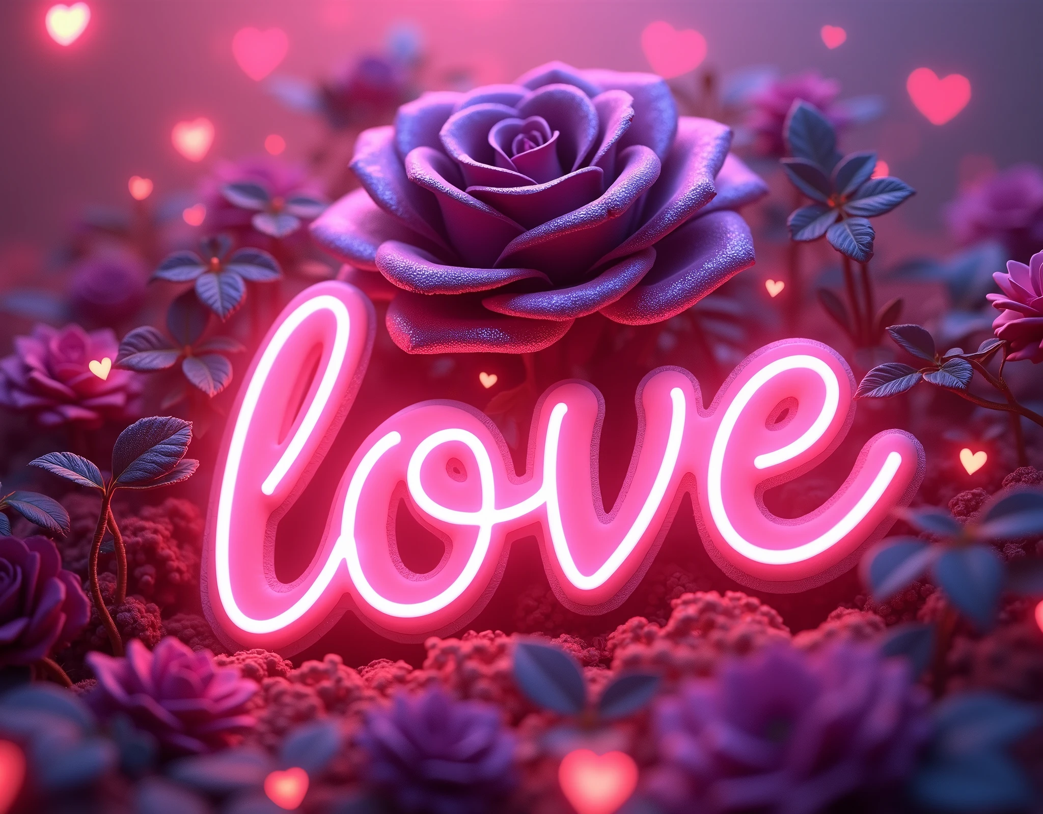 A mesmerizing artwork in a glowing neon art style! A vibrant pink background sets the stage for a stunning visual display. Three-dimensional text glows with an otherworldly light, spelling out "Love" in bold neon letters. Amidst this cosmic backdrop, a majestic rose blooms, its petals shimmering in a deep purple hue that seems to pulse with an inner radiance. The flower's dark, velvety centers appear almost black, adding depth and dimensionality to the design. Scattered throughout the composition are 3D neon hearts, their pinkish glow harmonizing with the overall palette. A dynamic angle captures the eye, drawing it into a world of enchantment and wonder.