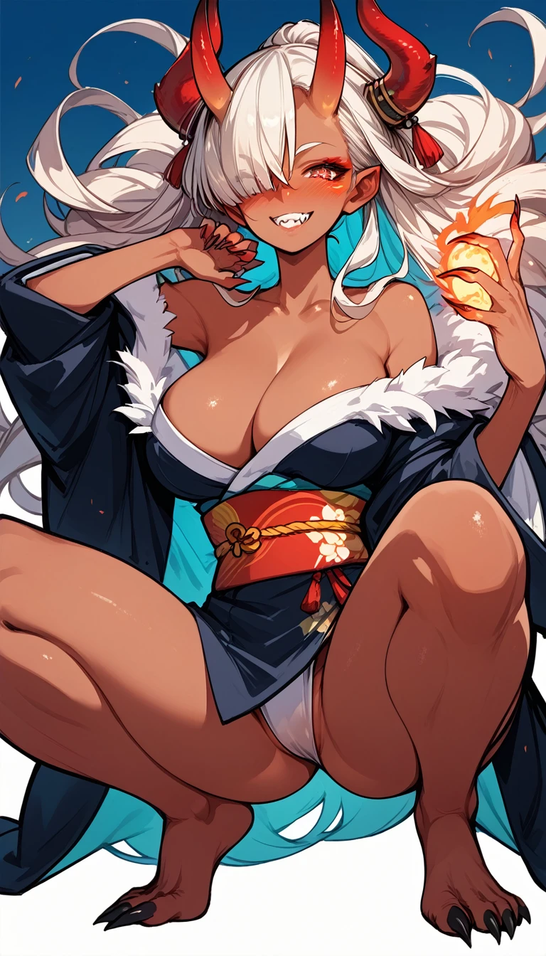 1girl, solo, oni girl, japanese kimono, large breasts, Black oiran's kimono, bare shoulders, Cleavage, Demon Horns, sharp claws, tooth, dark skin, long hair, athlete, bangs, hair over one eye, bare thgihs, ((erotic)), erotic smile, (nose blush), ((Glowing Skin)), squatting, spread legs, from below, ふんどし, fundoshi,