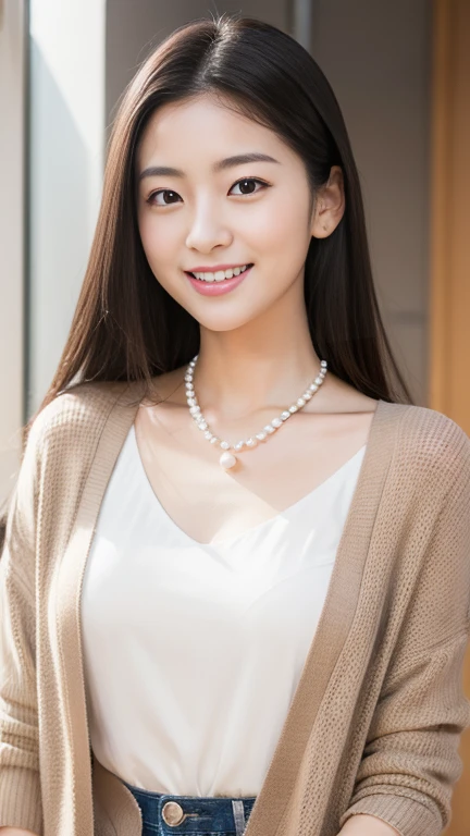 (8k、RAW Photos、Highest quality、Realistic、Photorealistic, View your viewers, The light shines on your face, Gray background), Japanese woman in her 20s, Black long hair, Natural eyebrows and a slightly upturned smile. Light lip gloss for bright eyes. Wear a clean white shirt with a beige cardigan, She accessorizes with an elegant pearl necklace