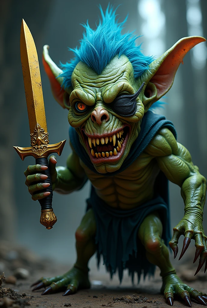 an evil, decrepit green goblin with blue hair wearing a golden knife and an eyepatch 