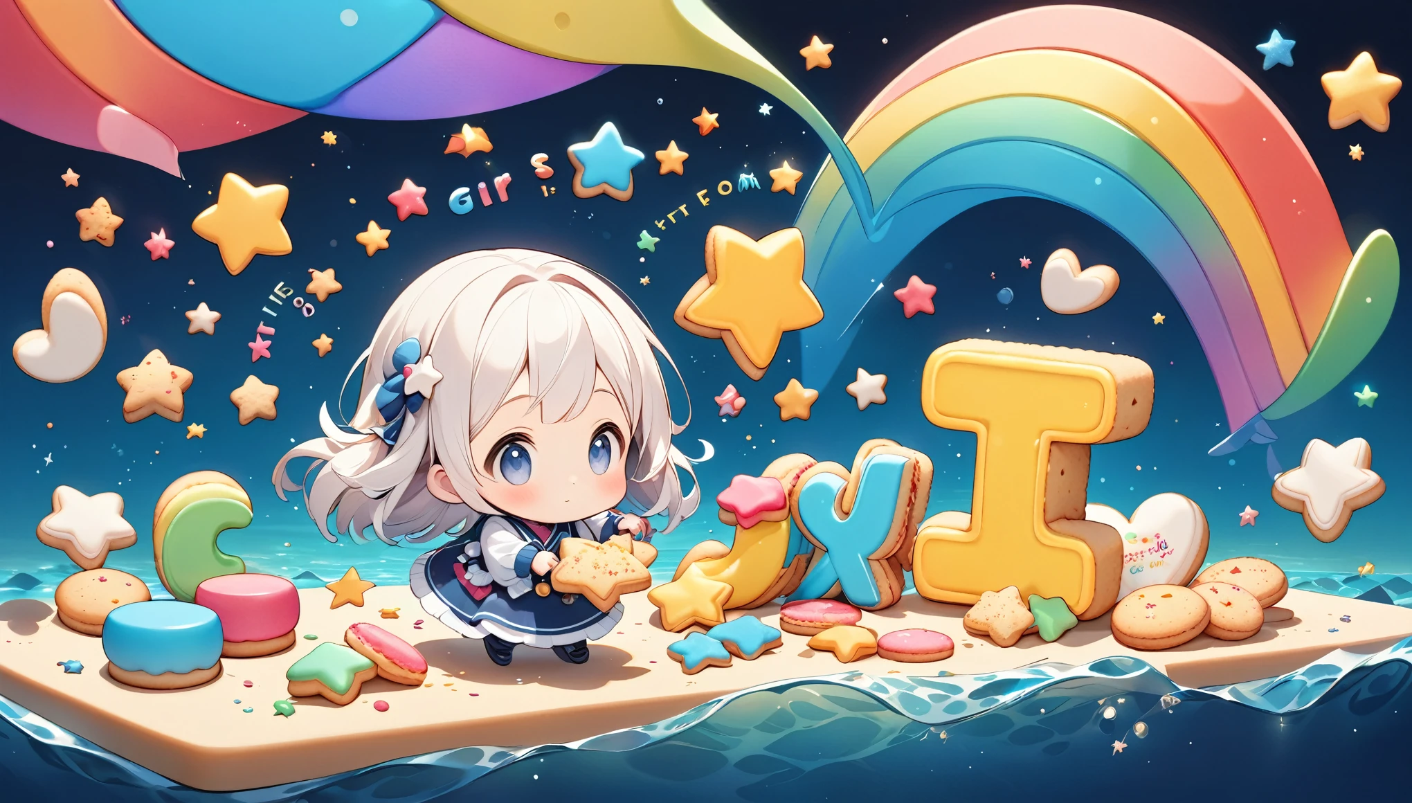 Minimal Deformation, cute, Fix the girl to the bottom right:1.37, Collect small star-shaped cookies to make words, "S","It is","a", Character, Letters made of tiny cookies, Only the parts that form the letters are colorfully sugar coated, Transparent deep sea background,