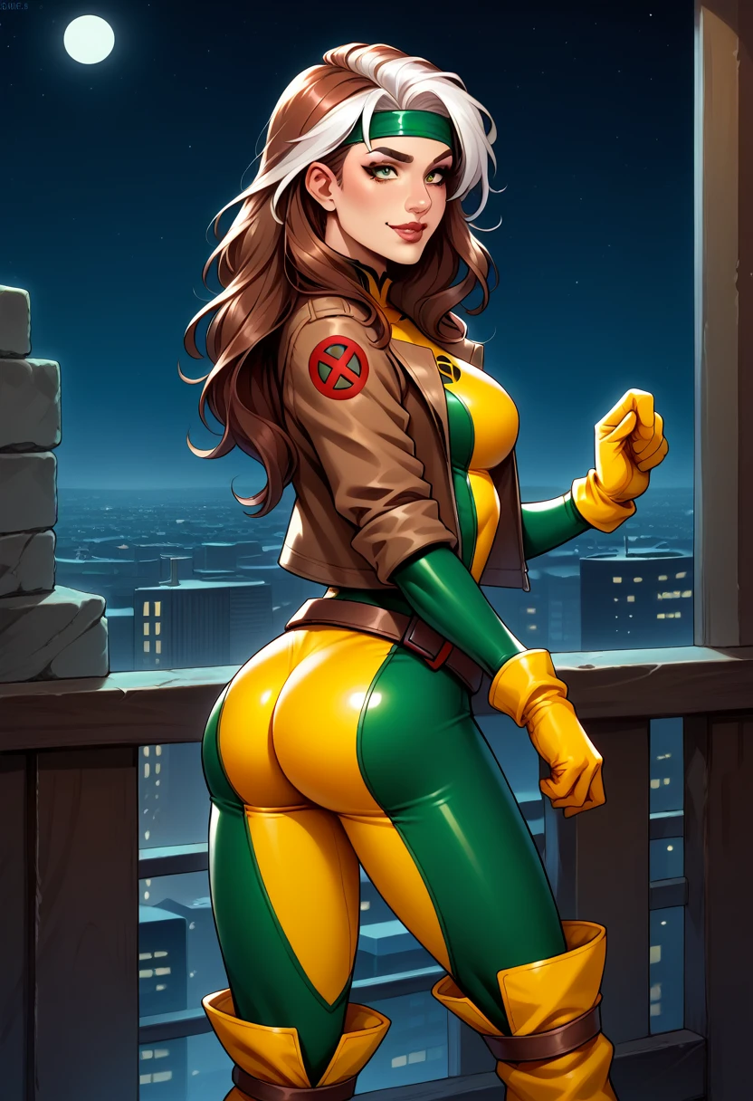 .21 years old woman , long and smooth brown tone hair, bright and expressive green eyes, she opted for a mercenary outfit. Booty, busty. Comic style. Marvel comics