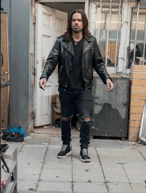 male metalhead, smoking cigarette, concert, alone, intense expression, leather jacket, ripped jeans, headbanging, black and white, dramatic lighting, gritty, moody, cinematic, (best quality,4k,8k,highres,masterpiece:1.2),ultra-detailed,(realistic,photorealistic,photo-realistic:1.37),HDR,UHD,studio lighting,extreme detail description,professional,vivid colors,dramatic shadows
