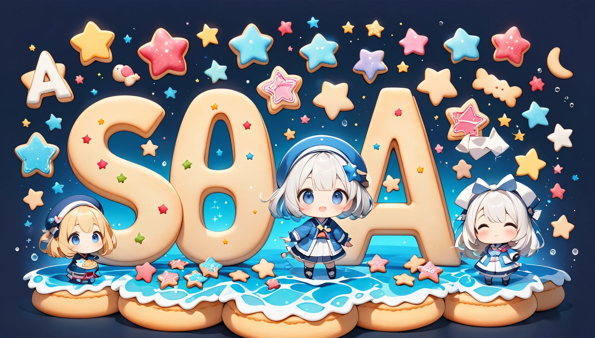 Minimal Deformation, cute, Fix the girl to the bottom right:1.37, Collect small star-shaped cookies to make words, "S","It is","a", Character, Letters made of tiny cookies, Only the parts that form the letters are colorfully sugar coated, Transparent deep sea background,