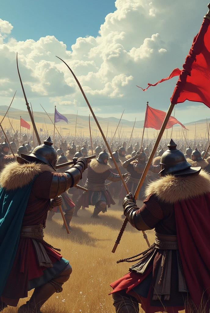 Draw a scene of tension between two rival armies: the Chinese imperial army and the Mongol invaders. Show the scene from a side and aerial perspective, so that all the elements mentioned can be seen. Show that each army was in line, one facing the other. **Show that each line of each army was within 400 yards of the tent where their leaders traded.** Show that each side had about 10,000 men in attack position, ready to engage in combat at any moment. Show that the two armies faced each other with intensity and determination, creating an atmosphere of suspense and rivalry. Show that your leaders were in a blue tent in the middle of the battlefield. The blue tent indicated that the leaders were negotiating a possible truce or surrender, but no one knew what was going to happen. Use cool colors and shades of gray to create a gloomy, rainy mood. Make the mist create an effect of depth and mystery. Show off the details of shining armor, sharp weapons, fluttering flags, and towering horses. Put some elements that showed the contrast between the two sides, such as the red and gold colors of the Chinese flags that symbolized the power and wealth of the empire, and the green and silver of the Mongols that represented the nature and freedom of the nomads. Try to capture the tension and expectation of the soldiers by showing their facial expressions, their body postures and their gestures. Draw the scene with a lot of detail and emotion.
Message sent. Draw a scene of tension between two rival armies: the Chinese imperial army and the Mongol invaders. Show the scene from a side and aerial perspective, so that all the elements mentioned can be seen. Show that each army was in line, one facing the other. **Show that each line of each army was within 400 yards of the tent where their leaders traded.** Show that each side had about 10,000 men in attack position