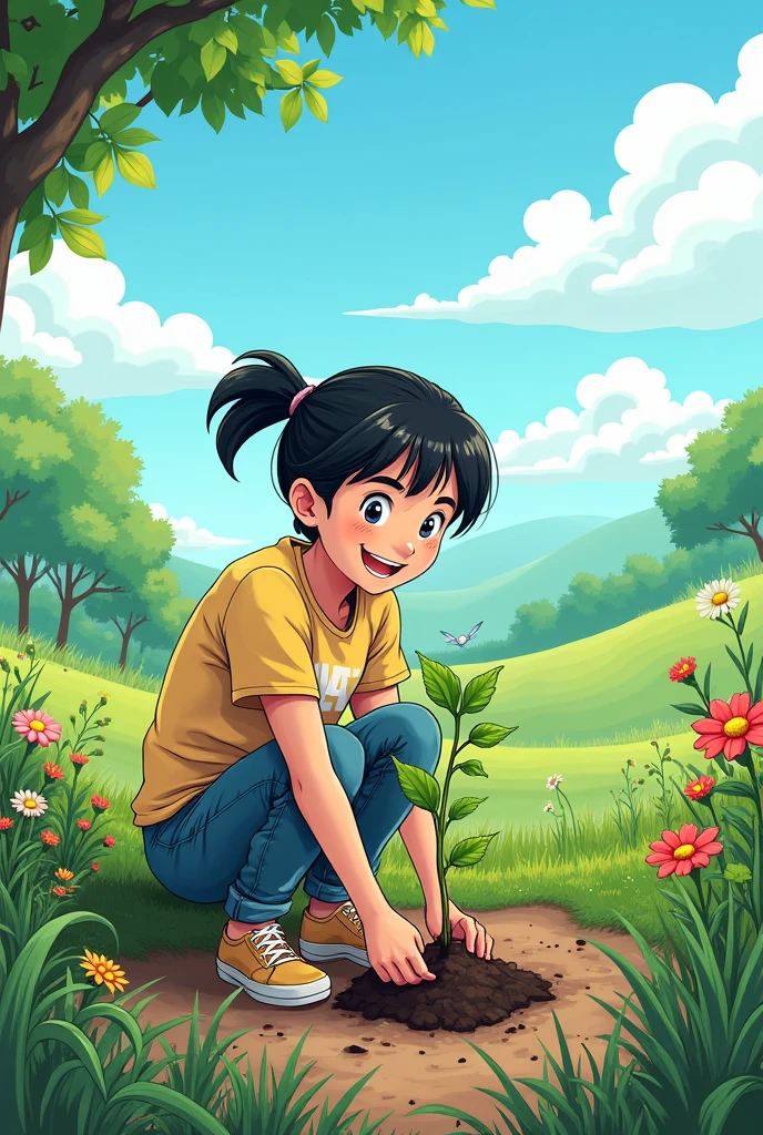 Give me an environmentally friendly manga style image,planting a tree ,details the background more 