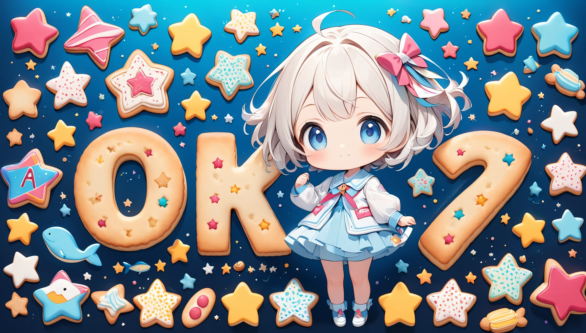 Minimal Deformation, cute, Fix the girl to the bottom right:1.37, Collect small star-shaped cookies to make words, "S","It is","a", Character, Letters made of tiny cookies, Only the parts that form the letters are colorfully sugar coated, Transparent deep sea background,