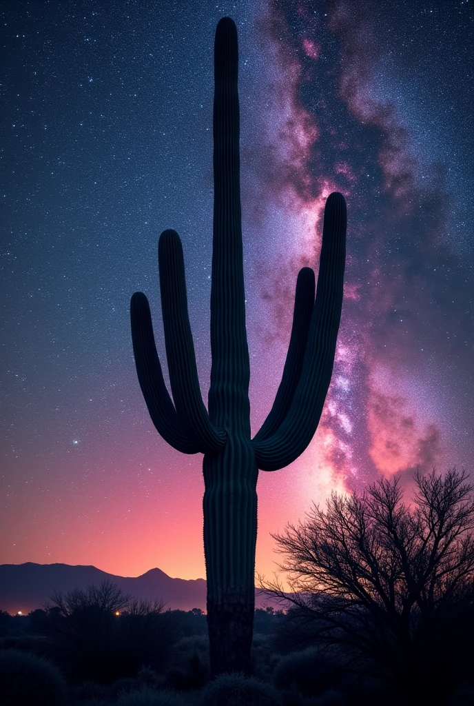 
                    Giant cactus silhouette (Look from the bottom up)  Background Colorful Milky Way Starry Sky Sparkling Stars Movie Quality Masterpiece Bright Glowing Milky Way Starry Sky Exquisite Beautiful Details Shine
