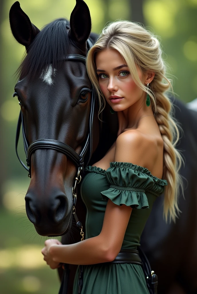 Je veux une photo réaliste d’une femme européenne, bionde, green eyes. Elle sera en mode equitation avec un cheval noir a cote delle. Round breasts with a beautiful shape.