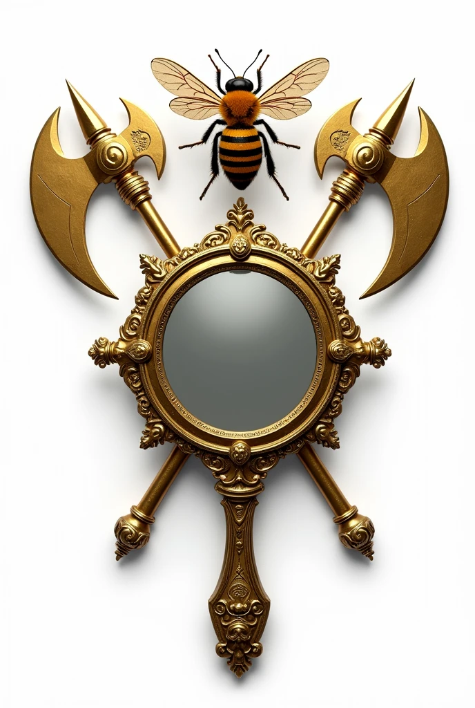 A coat of arms, with a golden and ornate hand mirror, in the center a bee and behind two golden Viking axes. white background