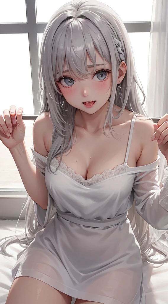 1Girl, 25 years old, Solo, Anime, Ideal body, (Cleavage, Small breast, Hard Nipple). Beautiful, Gorgeous, Fresh, Blunt Bangs, (White Grey Hair:1.5),(Straight and Wavy Long Hair:1.3), colorful cloth, random cloth, casual shirt, casual dress, casual skirt, camisol, cotton texture, laced, casual pants, Off-Shoulder, Oversize, Comfort, Loose shirt, Fabric Texture. (Sit on bed:1.3). Earrings, Thin Black Headband, Green Accessories, Environmental Details, Bed Room, Natural Light, Modern Bed, Chair, Window, White Curtain, City View. pov, anime style, UHD, retina, masterpiece, accurate, anatomically correct, textured skin. High Resolution, Looking at viewer, Blush, Best Quality, Award Winning, Accurate, Embarrassed, seductive smile, naught smile, horny, sweating, Naughty Face, Chin up, lips open, Gradient Eye Color, Sexy Pose. Top view shot, body bent to viewer ,front of camera, looking up to viewer, tongue out, open mouth. From Above, Close-Up, (sticky goo on breast), (white goo on body), (sweating). Milk, white milk on breast.