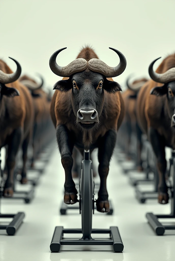 Buffalo in lines on spinning bike