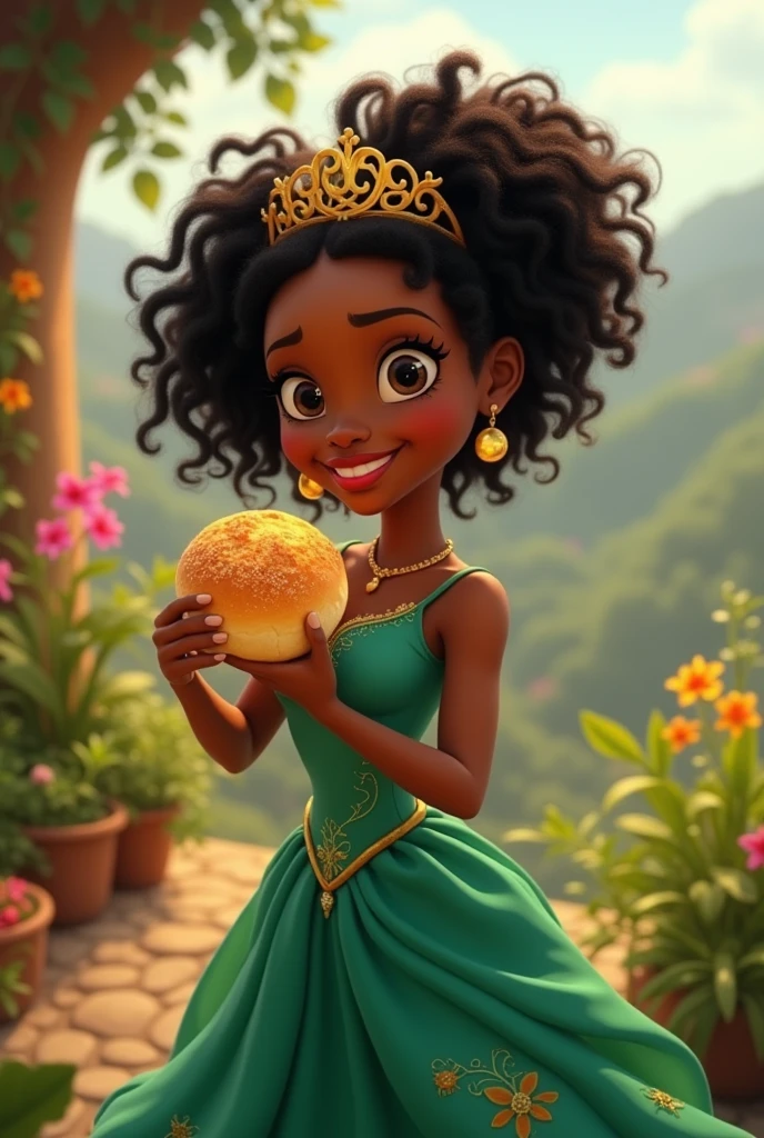 Create an image of Disney Princess Tiana, with curly frizzy hair, green dress and crown and eating cheese bread in Minas Gerais