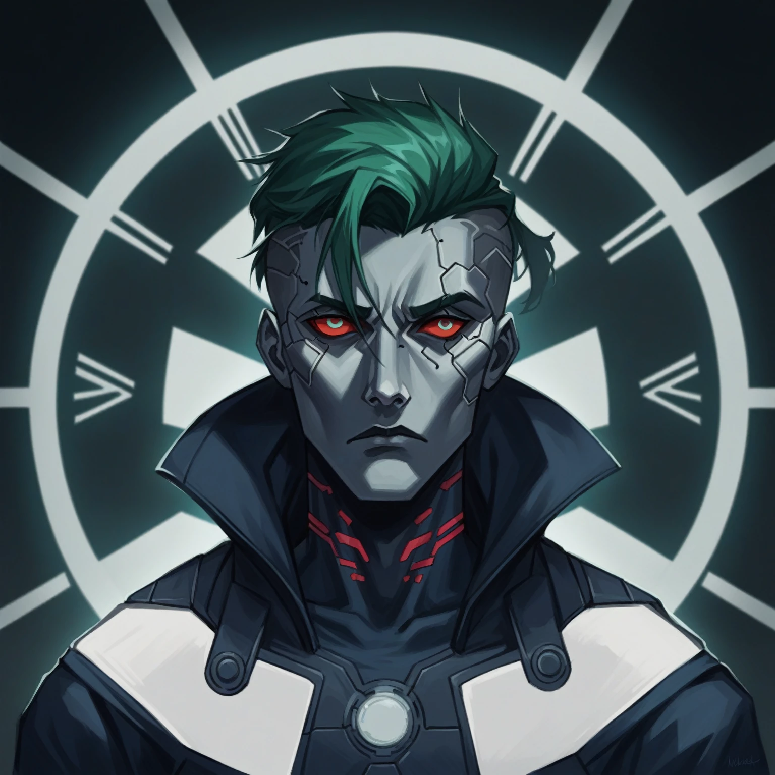 a close up of a person with red eyes in a clock, darksynth character portrait, trendin on artstation, omen from valorant, portrait of a cyberpunk man, digital cyberpunk anime art, steel inquisitor from mistborn, symmetry!! portrait of cyborg, advanced digital cyberpunk art, cyberpunk digital art, digital cyberpunk - anime art, cyberpunk digital painting