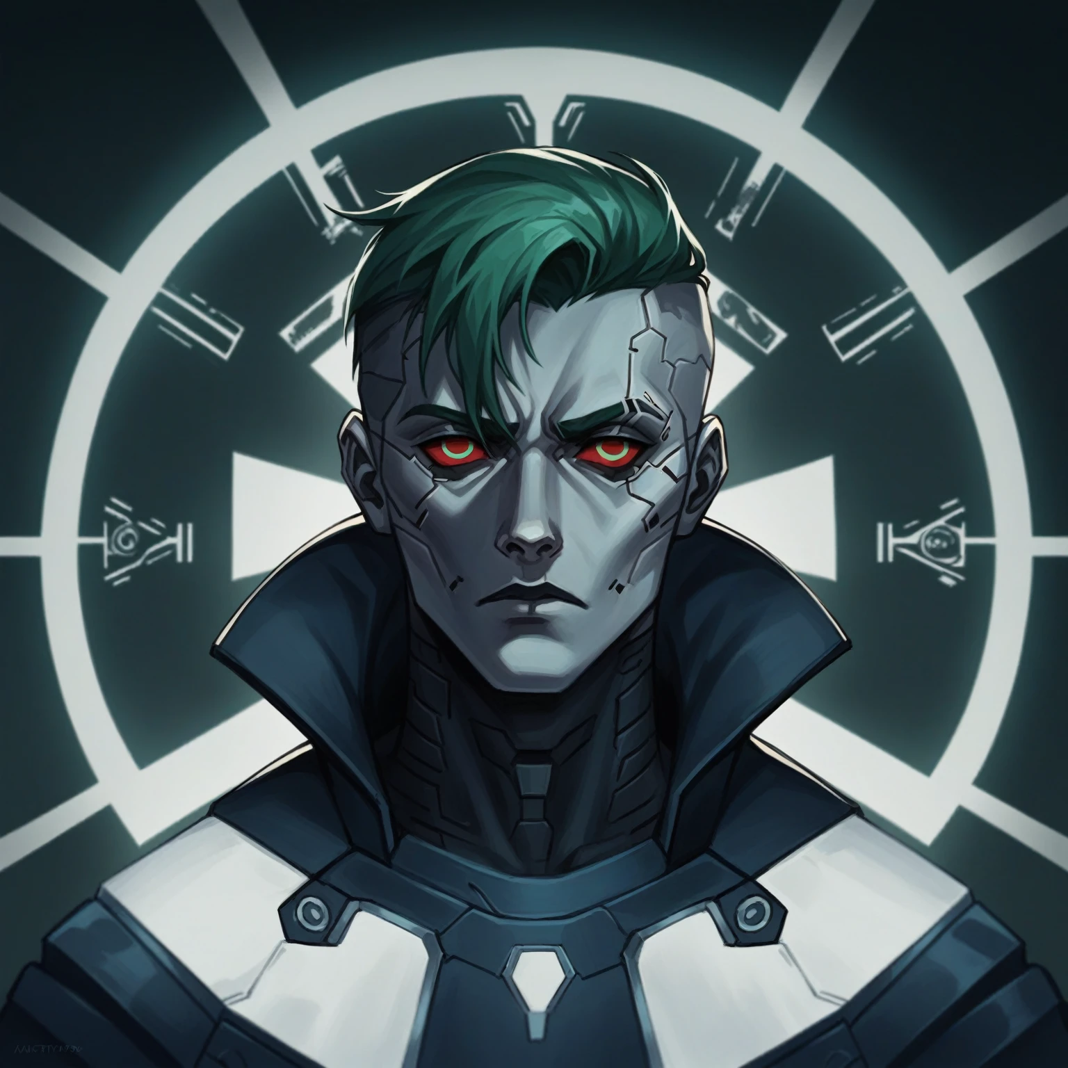 a close up of a person with red eyes in a clock, darksynth character portrait, trendin on artstation, omen from valorant, portrait of a cyberpunk man, digital cyberpunk anime art, steel inquisitor from mistborn, symmetry!! portrait of cyborg, advanced digital cyberpunk art, cyberpunk digital art, digital cyberpunk - anime art, cyberpunk digital painting