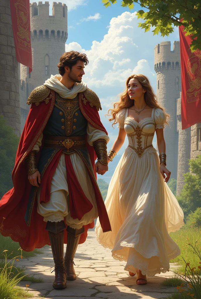 Medieval unarmored duke and princess holding hands running