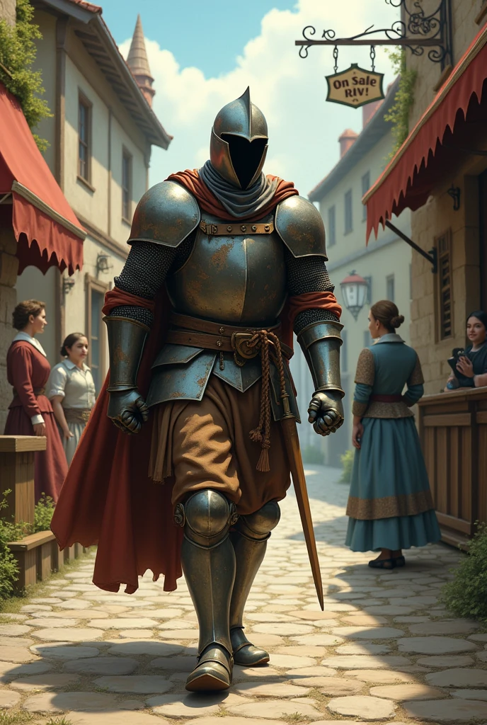 It's on sale, and everything is fantasy,
The girls are ladies, the innkeeper a gentleman,
With his visor on, he continues on his way,
Because in his mind he is the hero, the best (Knight in fake cloth and rusty iron armor)