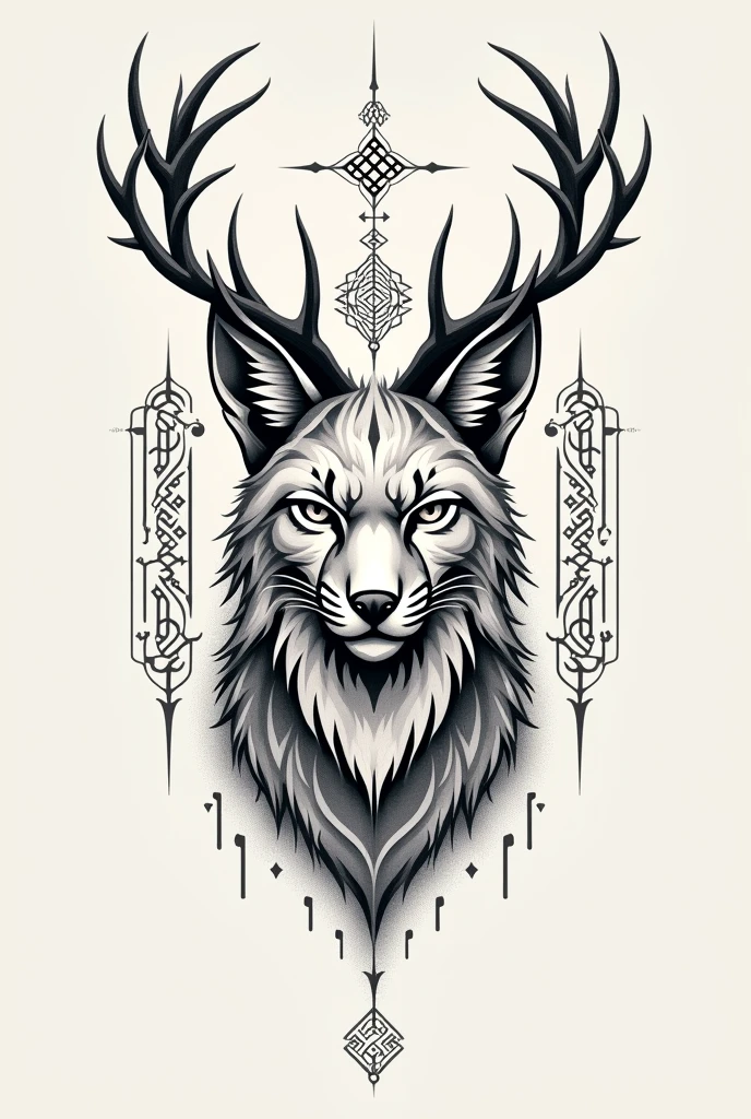 Could you create a sketch of a tattoo with just lines for the forearm of a lynx with deer antlers??, also with Nordic symbols