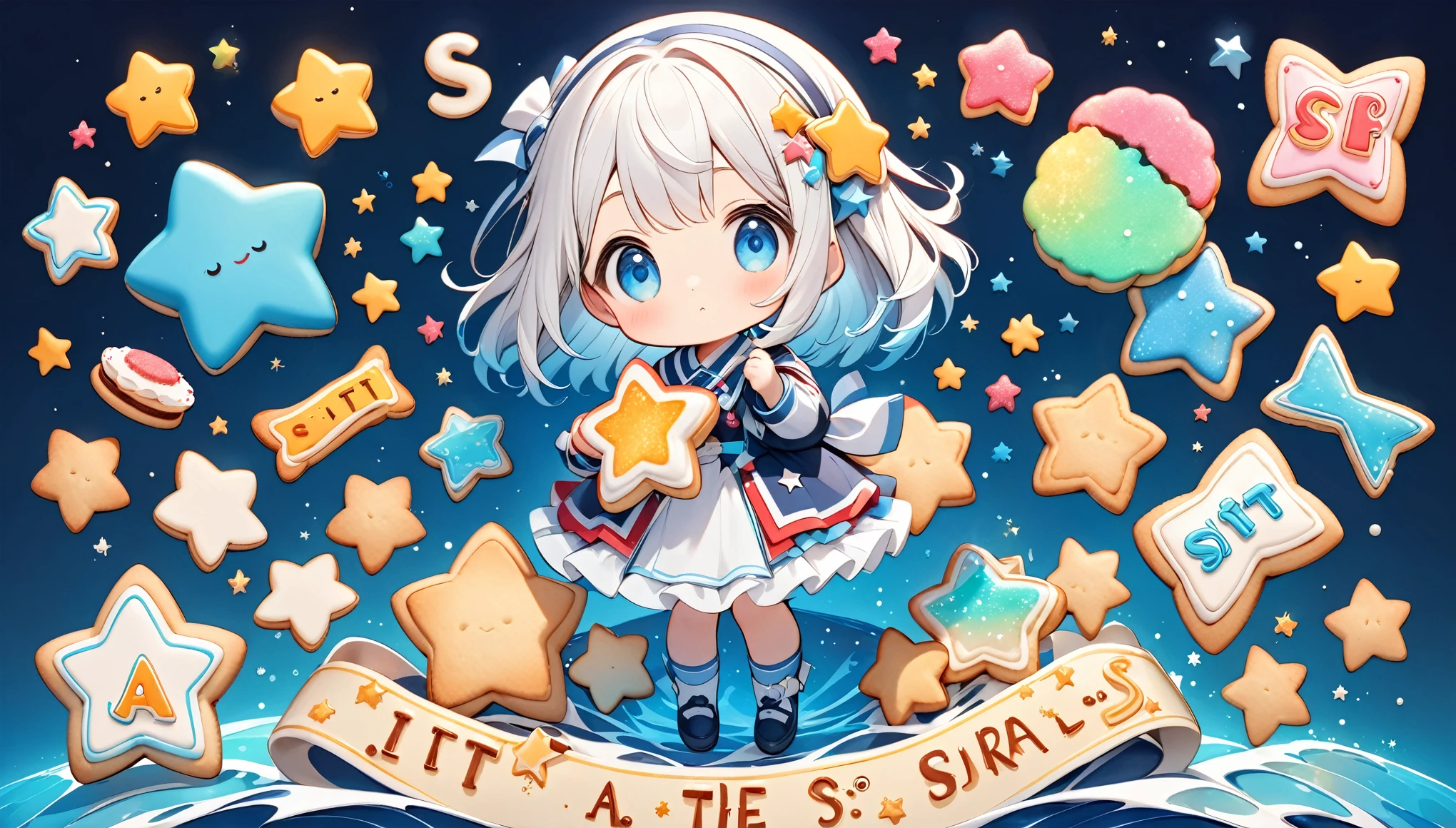 Minimal Deformation, cute, Fix the girl to the bottom right:1.37, Collect small star-shaped cookies to make words, "S""It is""a"Character, Letters made of tiny cookies, Only the parts that form the letters are colorfully sugar coated, Transparent deep sea background,