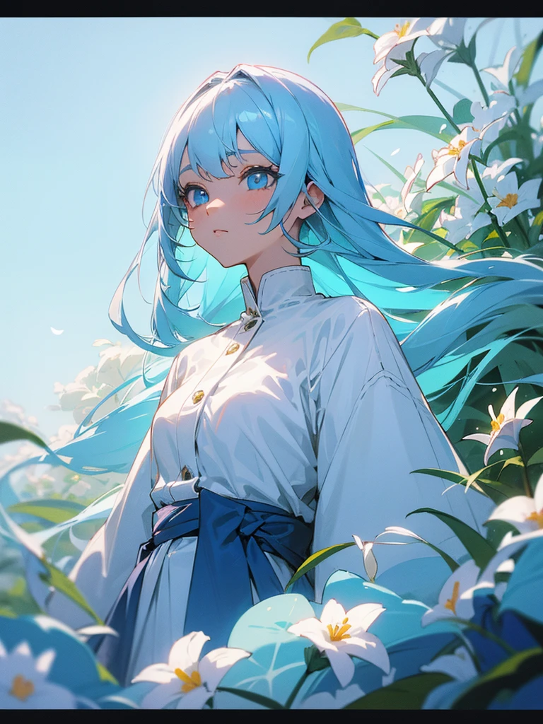 A girl,Light blue hair,Light blue eyes,Smell the flowers,Wearing fashionable clothes