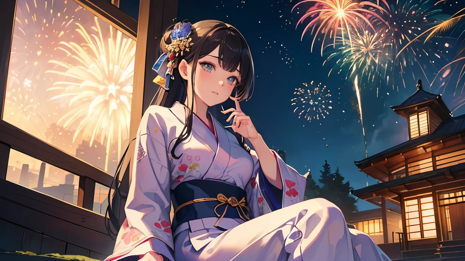 masterpiece,highest quality,(((Super Detailed Woman1))),Super detailed face,Super detailed eye,yukata,Sitting,day time,Fantasy,Calm,nebula,High resolution,(((firework)))