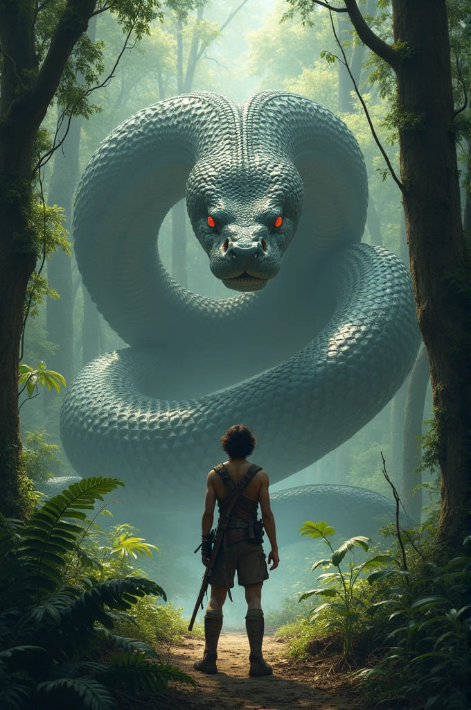 A man with medium hair in the forest stands facing back a giant snake